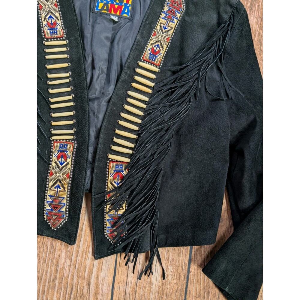 TONY LAMA Women's 14 Southwest Fringed Beaded Black Suede Leather Bolero Jacket - Picture 3 of 16